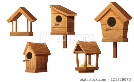 Set wooden bird feeder and bird house with roof, hole and seeds isolated on white background. Hanging construction, bird care. Set wooden bird feeder and bird house with roof, hole and seeds isolated on white background. Hanging construction, bird care. 121226970