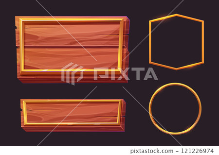 Golden frame wooden plank game medieval menu, user interface shiny border. Empty borders in medieval style, fantasy decoration different shapes isolated on dark background. Golden frame wooden plank game medieval menu, user interface shiny border. Empty borders in medieval style, fantasy decoration different shapes isolated on dark background. 121226974