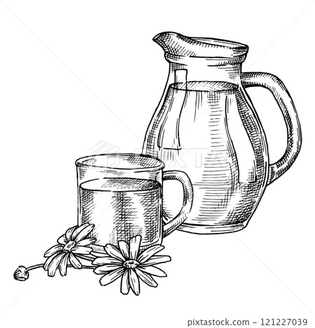 jug and glass of milk. Vector illustration in sketch style. farm products, vintage jug and glass of milk. Vector illustration in sketch style. farm products, vintage 121227039