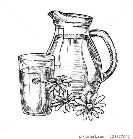 jug and glass of milk. Vector illustration in sketch style. farm products, vintage jug and glass of milk. Vector illustration in sketch style. farm products, vintage 121227042