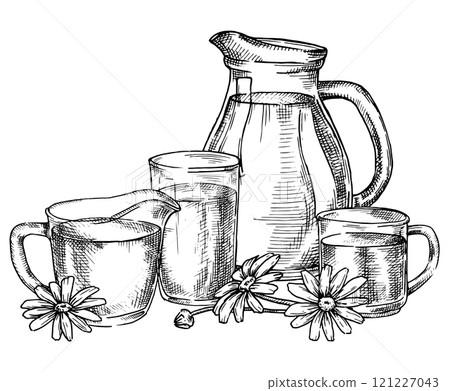 jug and glass of milk. Vector illustration in sketch style. farm products, vintage jug and glass of milk. Vector illustration in sketch style. farm products, vintage 121227043