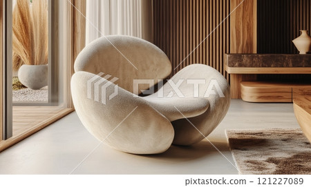 Mushroom Armchair in Soft Pastel Tones with Wooden Accents Mushroom Armchair in Soft Pastel Tones with Wooden Accents 121227089