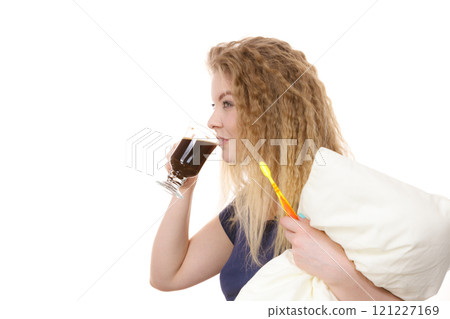 Funny woman being late drinking coffee 121227169