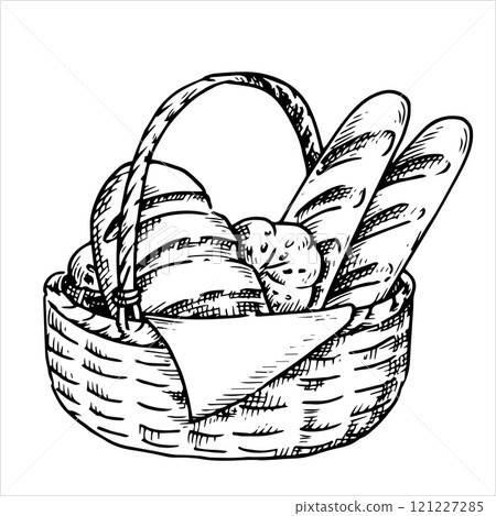 basket with bread and pastries. Vector illustration in sketch style. vintage 121227285