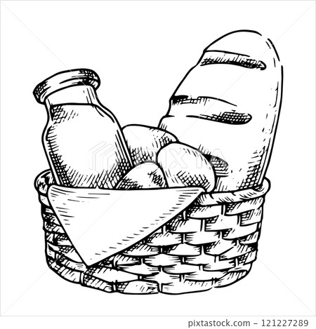 basket with farm products, eggs, milk, bread. Vector illustration in sketch style. vintage 121227289