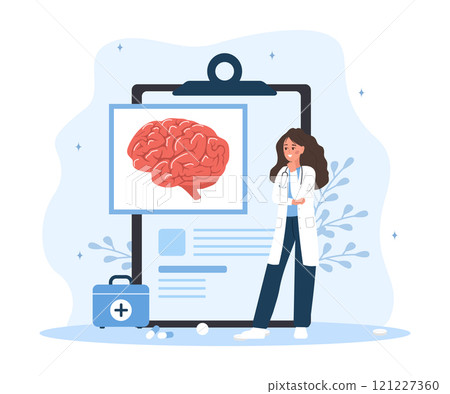 Neurologist concept. Female doctor examine human brain. Anatomy and biology. Neurology or Neuroscience. Vector illustration in flat cartoon style Neurologist concept. Female doctor examine human brain. Anatomy and biology. Neurology or Neuroscience. Vector illustration in flat cartoon style 121227360