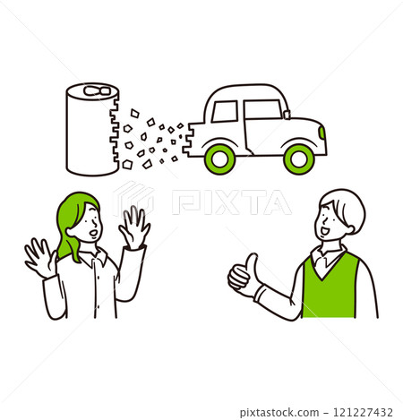 鋁罐被回收製成汽車的圖像以及微笑的女人和男人的簡單插圖 鋁罐被回收製成汽車的圖像以及微笑的女人和男人的簡單插圖 121227432