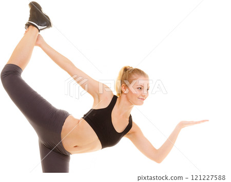 sporty girl showing blank copy space on hand sporty girl showing blank copy space on hand 121227588