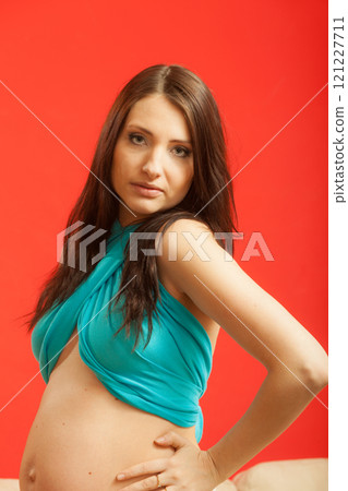 Adult woman showing her pregnant belly 121227711