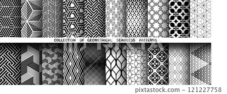 Geometric set of seamless black and white patterns. Simple vector graphics. 121227758