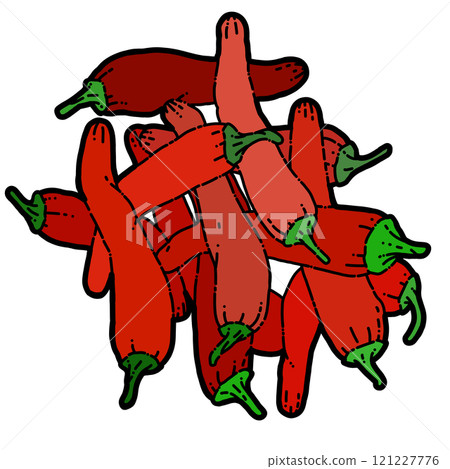 Bright red chili peppers with many stems 121227776