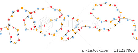 Light garland with line art and sketch. Decorative string design for Christmas and party themes. Flat vector illustration isolated on white background. Light garland with line art and sketch. Decorative string design for Christmas and party themes. Flat vector illustration isolated on white background. 121227869