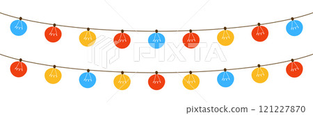 String of lights in line with sketchy doodle art. Decorative border for Christmas holiday and party designs. Flat vector illustration isolated on white background. String of lights in line with sketchy doodle art. Decorative border for Christmas holiday and party designs. Flat vector illustration isolated on white background. 121227870
