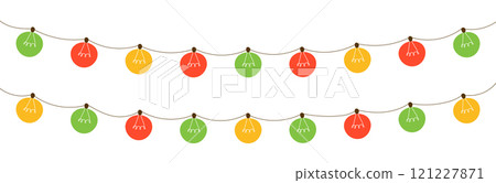 String of lights in line with sketchy doodle art. Decorative border for Christmas holiday and party designs. Flat vector illustration isolated on white background. String of lights in line with sketchy doodle art. Decorative border for Christmas holiday and party designs. Flat vector illustration isolated on white background. 121227871