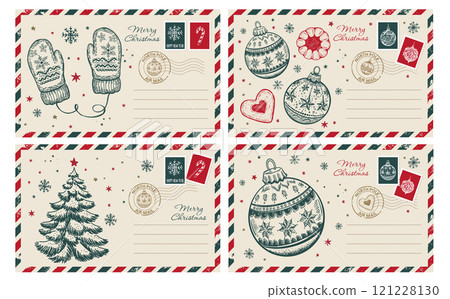 Postcard, Christmas mail, with tree, ball, hand drawn illustration. Postcard, Christmas mail, with tree, ball, hand drawn illustration. 121228130