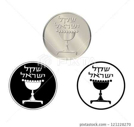 Coin, Israel, 1 sheqel. Obverse of Israel one sheqel coin. The coin is depicted in black and white. Vector illustration. Coin, Israel, 1 sheqel. Obverse of Israel one sheqel coin. The coin is depicted in black and white. Vector illustration. 121228270