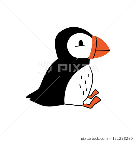 An illustration of a cute doodle puffin sitting. Fun cartoon black and white Nordic bird. 121228280