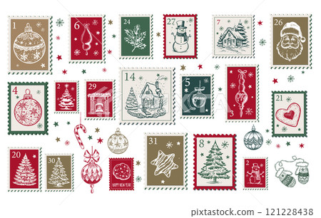 Advent calendar, Christmas Stamps, mail, postcard hand drawn illustrations.	 121228438