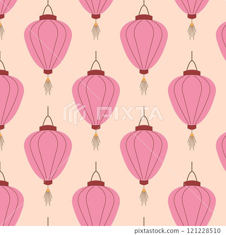 Charming seamless pattern with pink Chinese lanterns on soft peach background in flat style. Ideal for festive decor, stationery, textile and gift wrapping design. 121228510