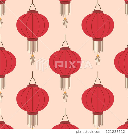 Seamless pattern with traditional red Chinese lantern on a soft beige background. Ideal for festive design, home decor, gift wrap, textile and card. 121228512