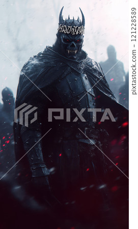 dark armored figure with crown stands menacingly dark armored figure with crown stands menacingly 121228589