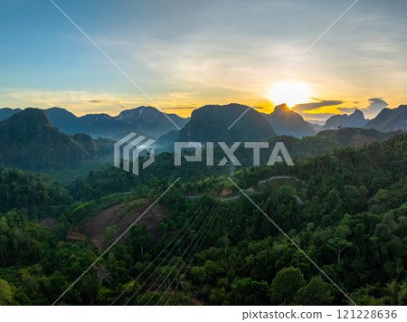 High angle view mountains rainforest view in sunrise sky 121228636