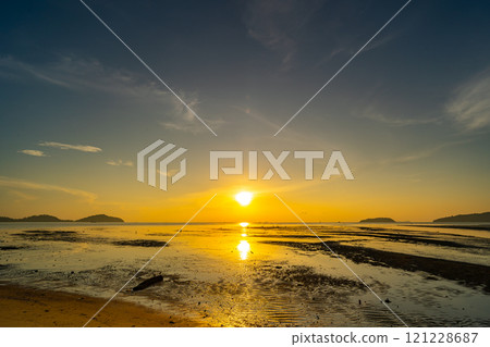 Beautiful clouds in sunset or sunrise over sea,Colorful scenery sunset sky, Amazing clouds wonderful light sky background 121228687