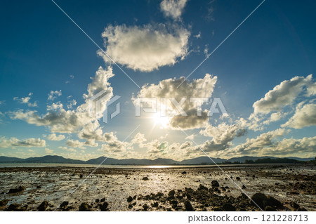 Beautiful clouds in sunset or sunrise over sea,Colorful scenery sunset sky, Amazing clouds wonderful light sky background 121228713
