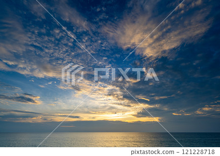 Beautiful clouds in sunset or sunrise over sea,Colorful scenery sunset sky, Amazing clouds wonderful light sky background 121228718