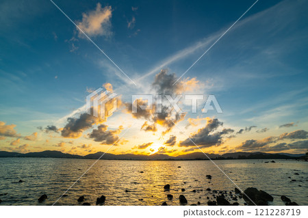 Beautiful clouds in sunset or sunrise over sea,Colorful scenery sunset sky, Amazing clouds wonderful light sky background 121228719