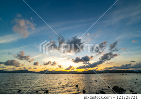 Beautiful clouds in sunset or sunrise over sea,Colorful scenery sunset sky, Amazing clouds wonderful light sky background 121228721