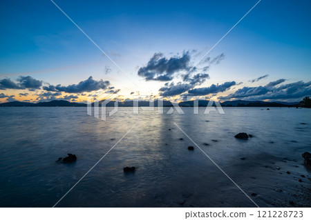 Beautiful clouds in sunset or sunrise over sea,Colorful scenery sunset sky, Amazing clouds wonderful light sky background 121228723
