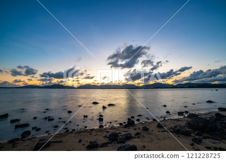 Beautiful clouds in sunset or sunrise over sea,Colorful scenery sunset sky, Amazing clouds wonderful light sky background 121228725