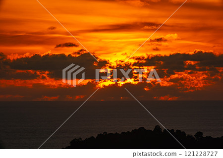 Beautiful clouds in sunset or sunrise over sea,Colorful scenery sunset sky, Amazing clouds wonderful light sky background 121228727