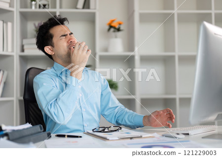 Feeling unwell with flu symptoms at work office environment emotional struggle health concept 121229003