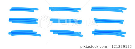 Blue marker strokes set with brush texture for highlighting text. Doodle underline or box elements. Flat vector illustration isolated on white background. Blue marker strokes set with brush texture for highlighting text. Doodle underline or box elements. Flat vector illustration isolated on white background. 121229153