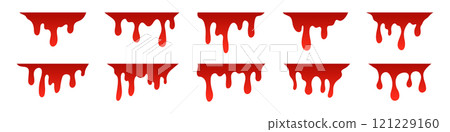 Blood drips pattern and splatters liquid stain texture. Splashes and drops form. Flat vector illustration isolated Blood drips pattern and splatters liquid stain texture. Splashes and drops form. Flat vector illustration isolated 121229160