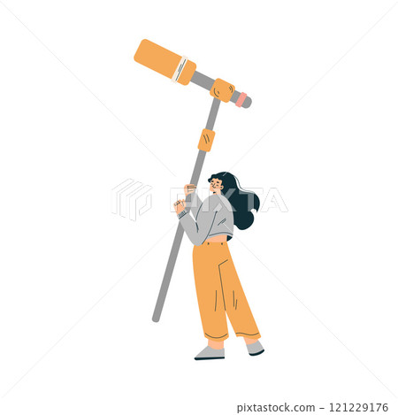 Woman Hold Microphone at Shooting Film Movie Production Scene Vector Illustration 121229176