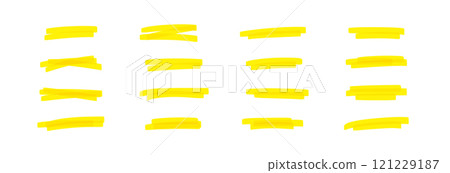 Yellow marker strokes set with brush texture for highlighting text. Doodle underline or box elements. Flat vector illustration isolated on white background. 121229187