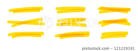 Yellow marker strokes set with brush texture for highlighting text. Doodle underline or box elements. Flat vector illustration isolated on white background. 121229191