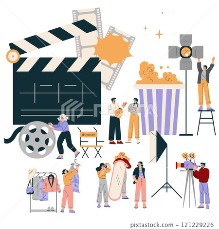 Shooting Film with People Character at Movie Production Scene Vector Illustration Shooting Film with People Character at Movie Production Scene Vector Illustration 121229226