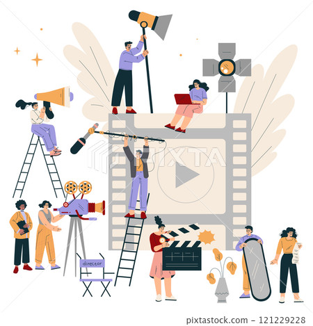 Shooting Film with People Character at Movie Production Scene Vector Illustration Shooting Film with People Character at Movie Production Scene Vector Illustration 121229228