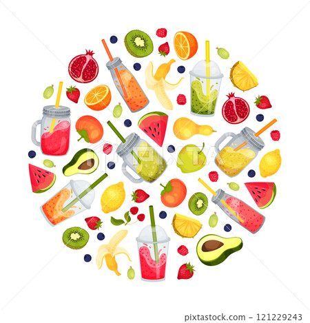 Fresh Smoothie Tasty Drink Round Composition Design with Bright Juicy Refreshment Vector Template 121229243