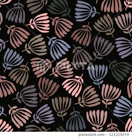 Vector seamless pattern with umbrella plants using collage technique on a black background 121229254