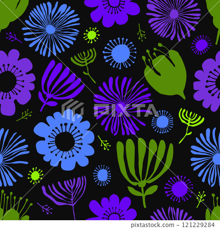 Vector seamless pattern with flowers in collage technique on a black background Vector seamless pattern with flowers in collage technique on a black background 121229284