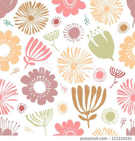Vector seamless pattern with pink flowers in collage technique on a white background Vector seamless pattern with pink flowers in collage technique on a white background 121229285
