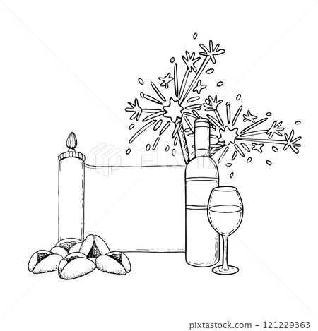 Purim Esther scroll with wine bottle and glass, Hamantaschen cookies and sparkles black and white vector illustration. Jewish masquerade symbols in greeting template. Line ink drawing for coloring 121229363