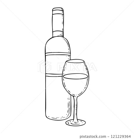 Line wine bottle and glass black and white vector illustration. Kosher alcoholic drink for Jewish holidays, Shabbat Kiddush, Purim celebration and Passover. Hand drawn ink sketch 121229364