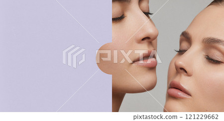 Poster. Contemporary art collage. Two women's profiles meet soft lilac puzzle-like cutout, showcasing beauty and harmony through simplicity. 121229662