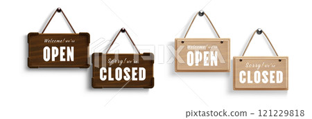 Wooden board sign with open closed business status Wooden board sign with open closed business status 121229818
